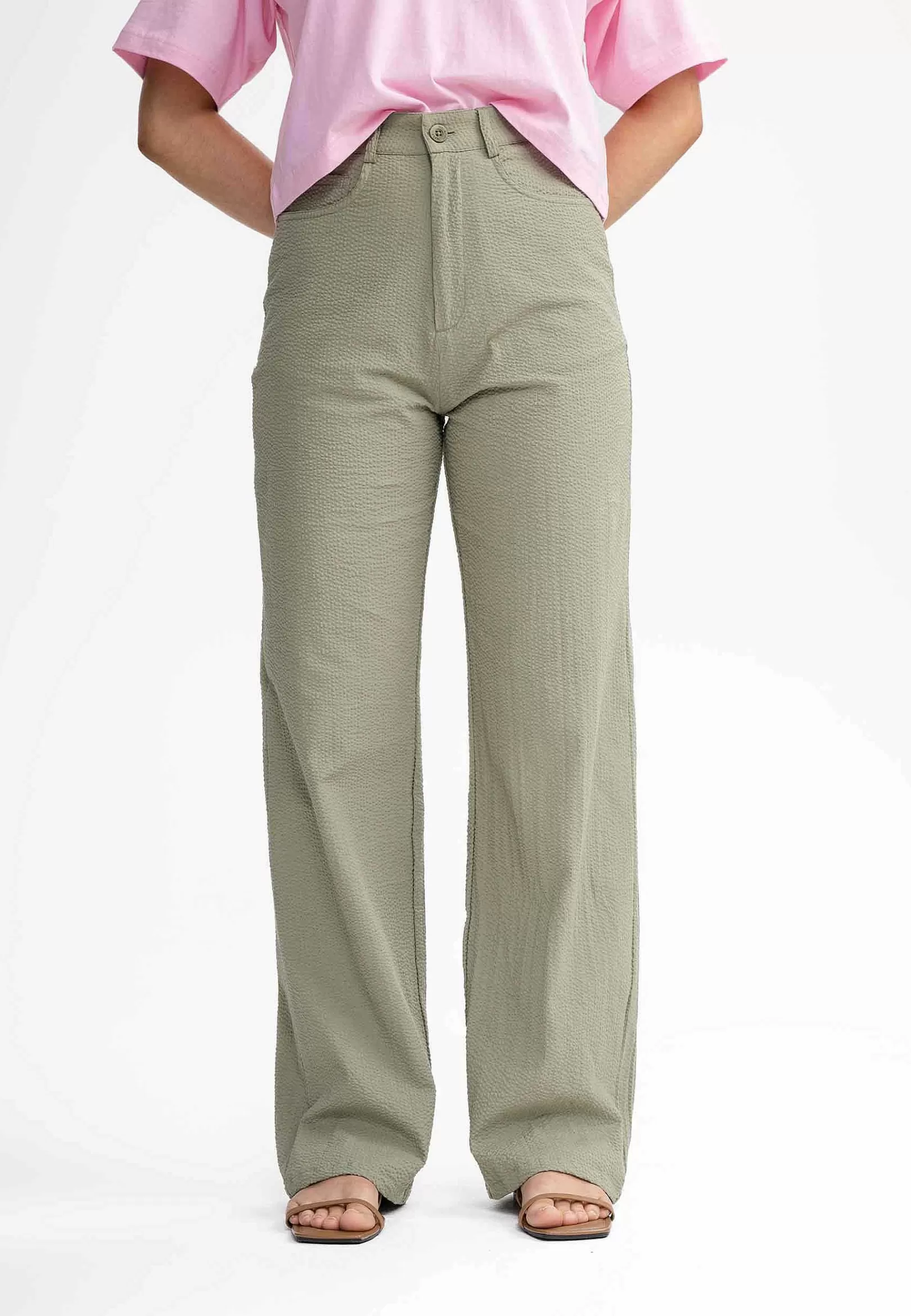 Store Damen Seersucker Hose Mit Hohem Bund Und Weitem Bein Paulami Damen Hosen
