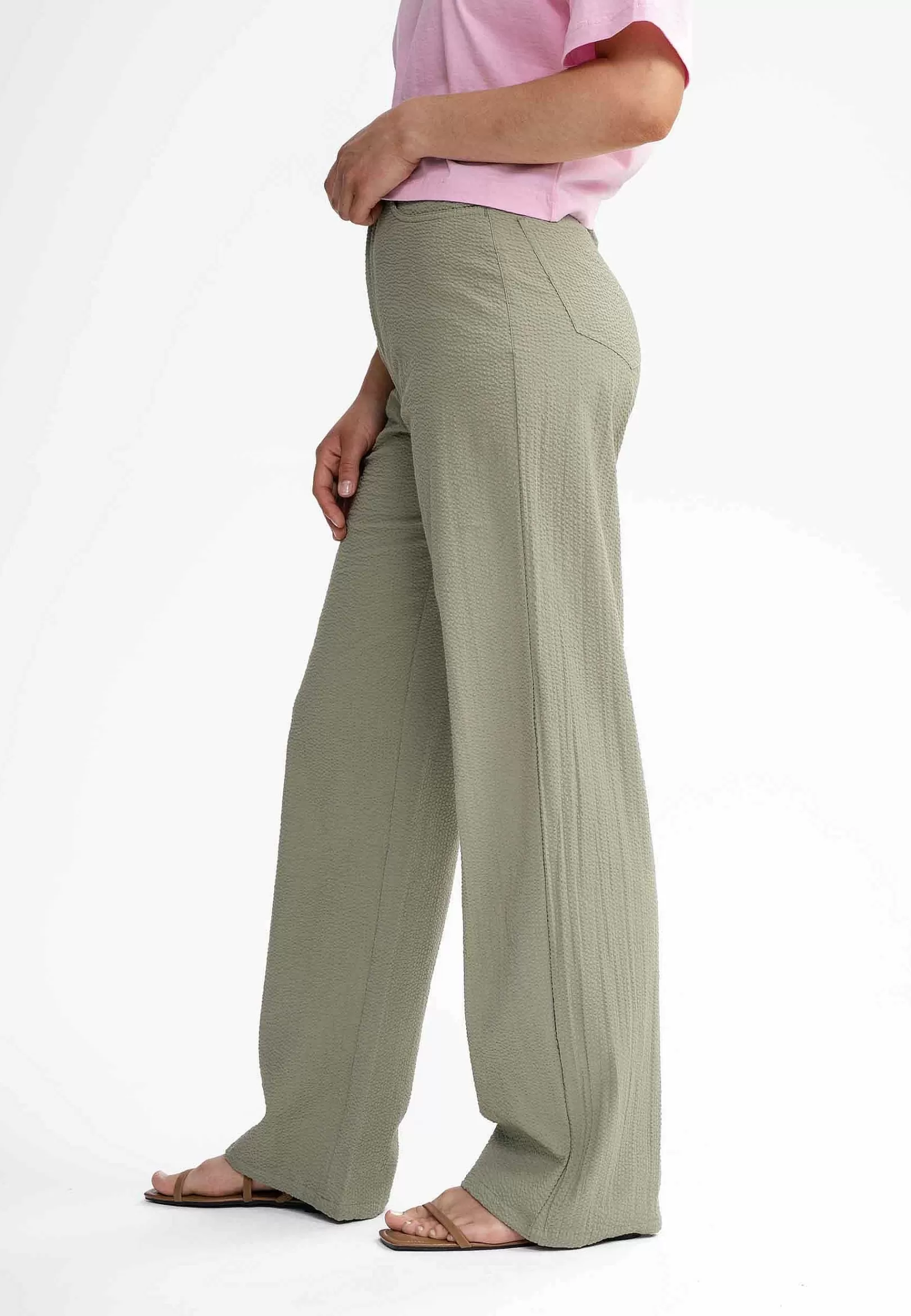 Store Damen Seersucker Hose Mit Hohem Bund Und Weitem Bein Paulami Damen Hosen