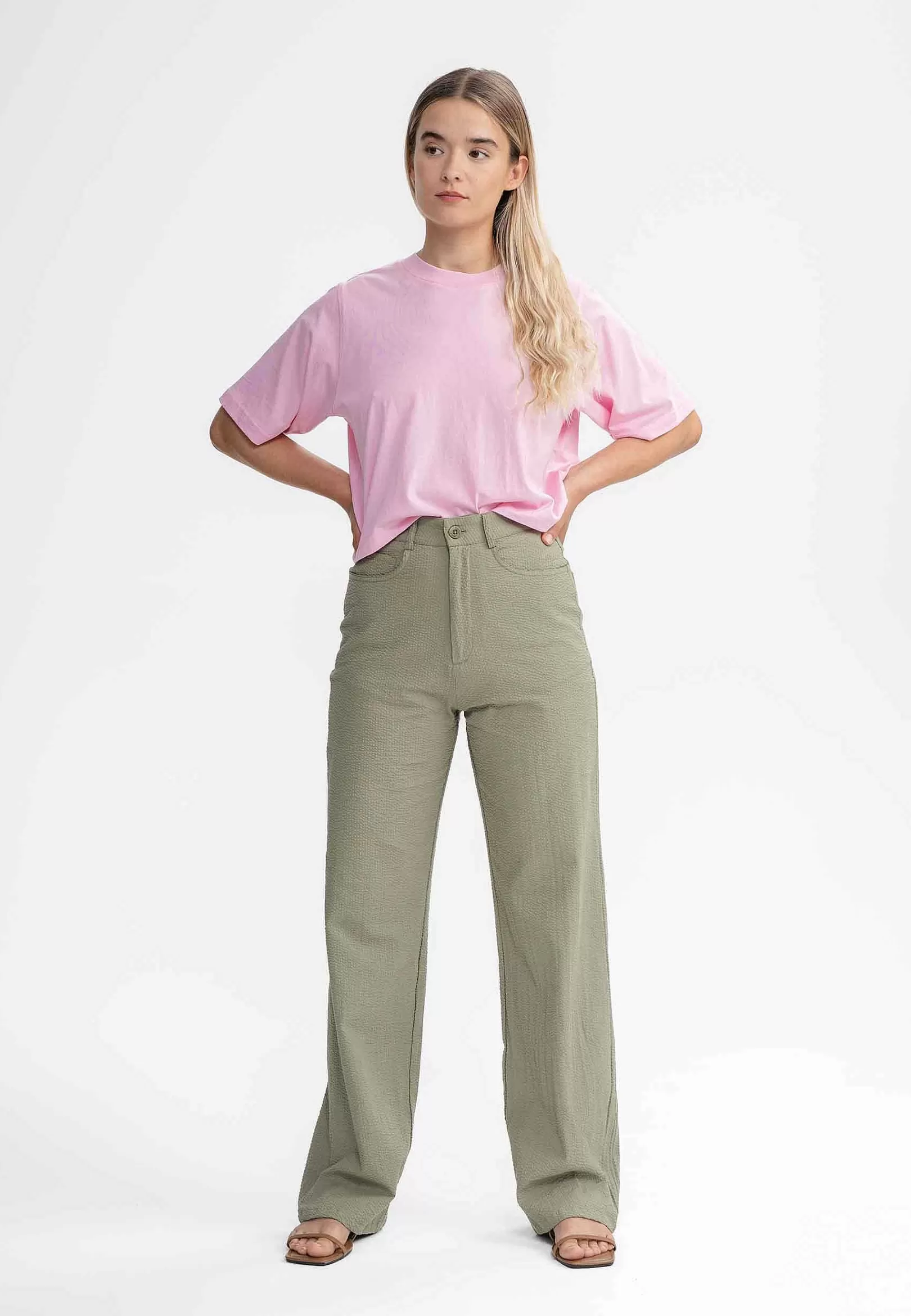 Store Damen Seersucker Hose Mit Hohem Bund Und Weitem Bein Paulami Damen Hosen